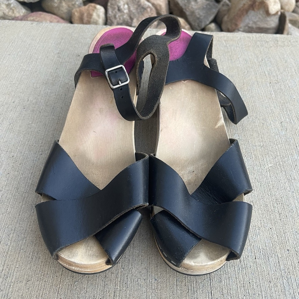 Swedish Hasbeens Womens Mirja Sandals Black Leather  Clogs Size 39 US 9